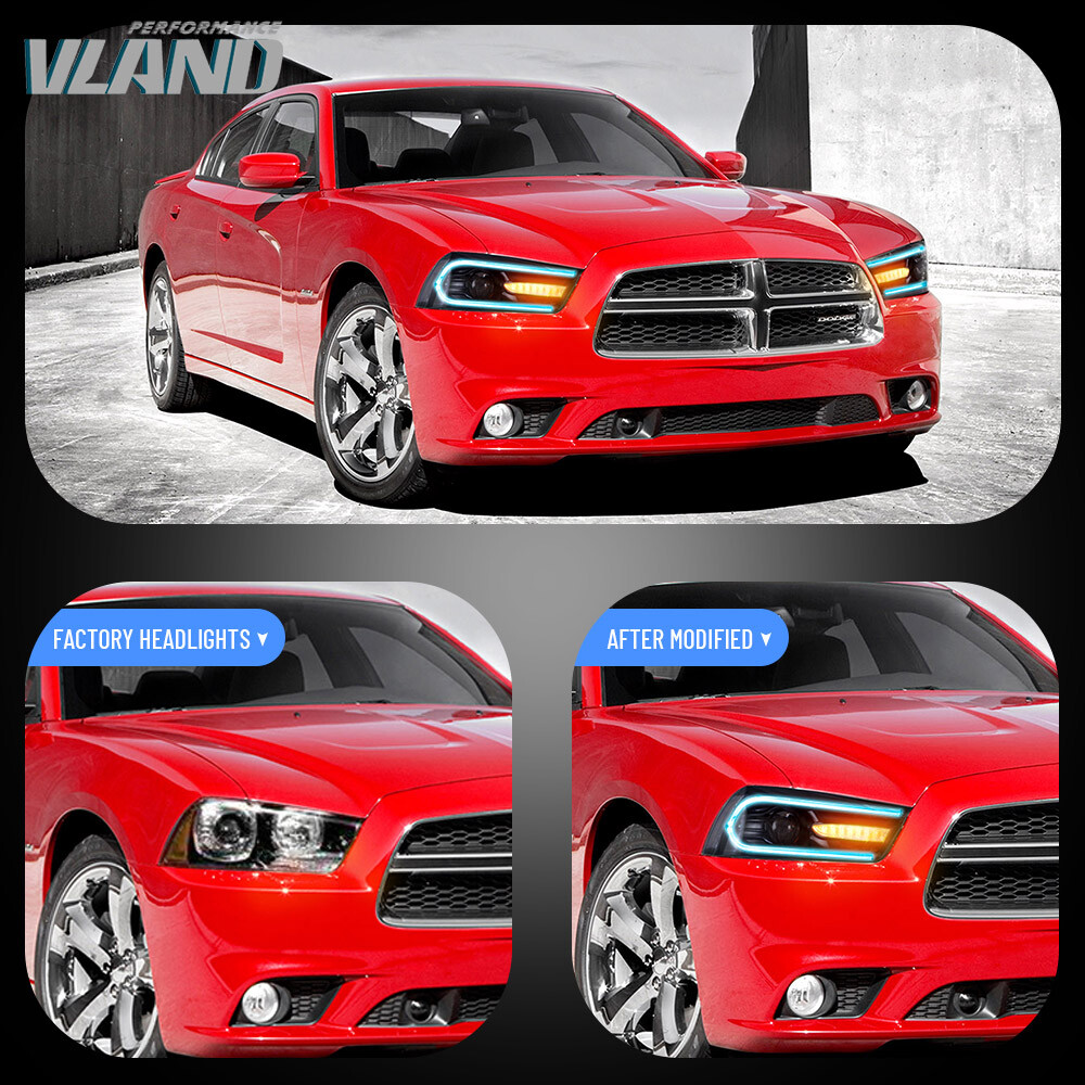 VLAND Headlights w/RGB DRL Sequential Turn+LED Bulbs For Dodge Charger 2011-2014
