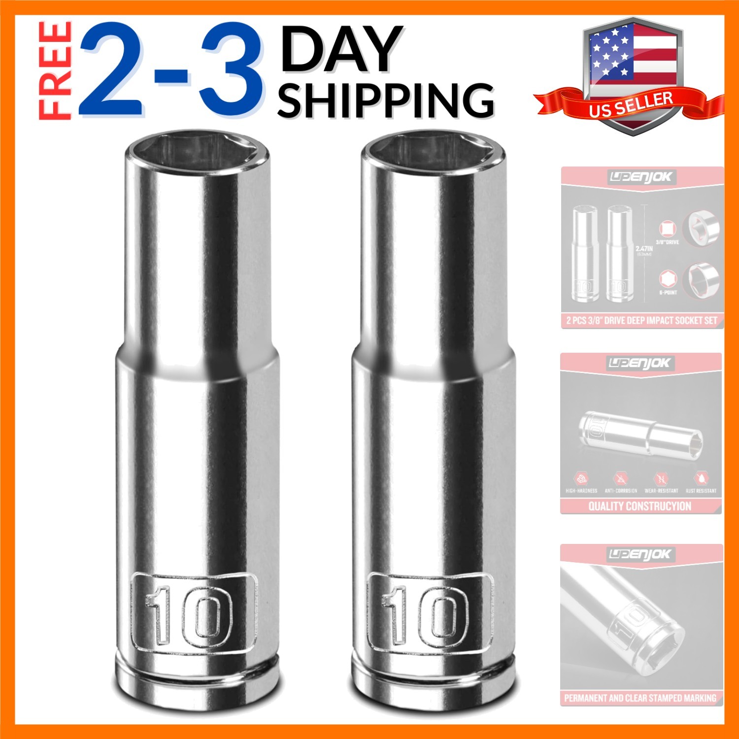 2PCS 3/8″ Drive 10mm Socket Set, Deep, Mirror Finish, Cr-V Steel, 6-Point