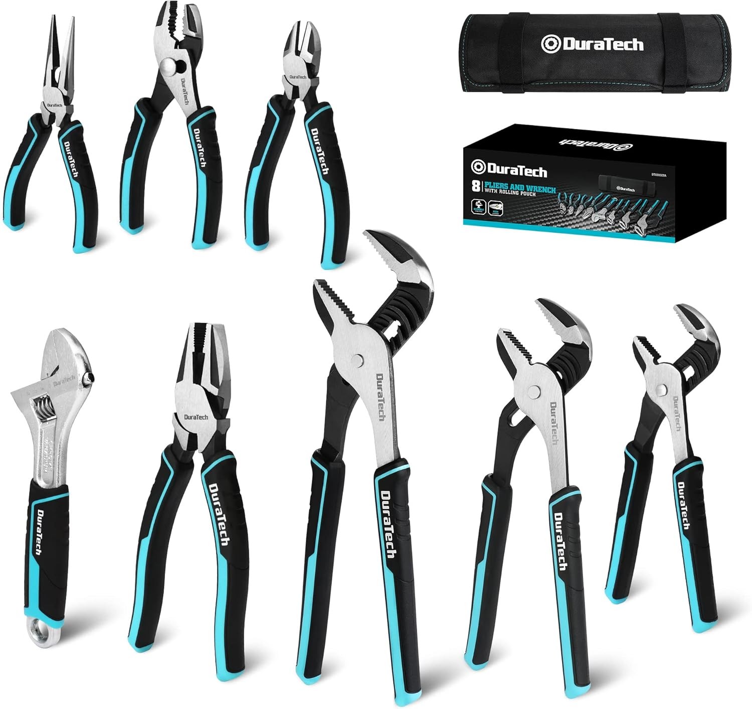 DURATECH 8-Piece Pliers Set with Rolling Pouch, 8-Piece, Blue, Silver, Black