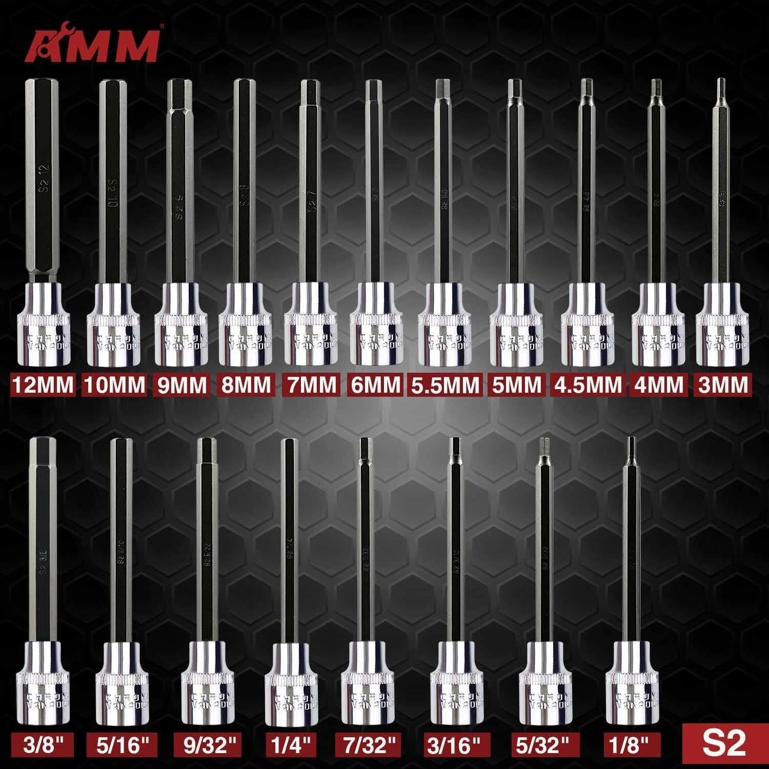 19pcs 3/8 In Drive Allen Hex Bit Socket Set SAE & Metric 1/8-In- 3/8-In 3-12mm