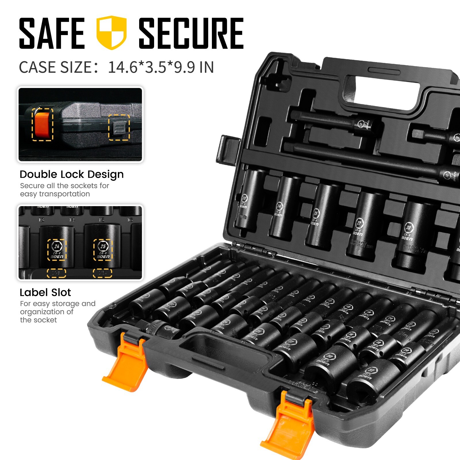 45Pcs 1/2″ Drive Impact Socket Set,SAE 5/16″ to 1″,Metric 8-22mm, Extension Bars
