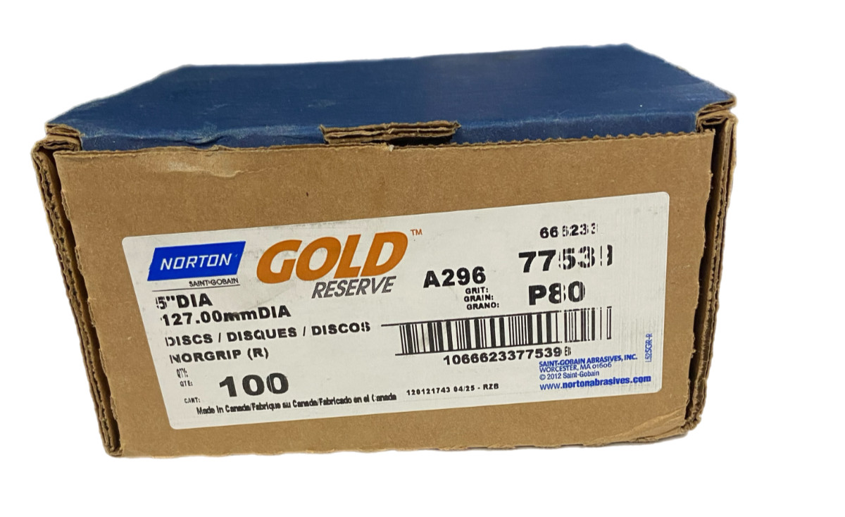 Norton 66623377539 5″ Gold Reserve A296 No-Fil Paper H&L Discs P80 Grit 100 pk