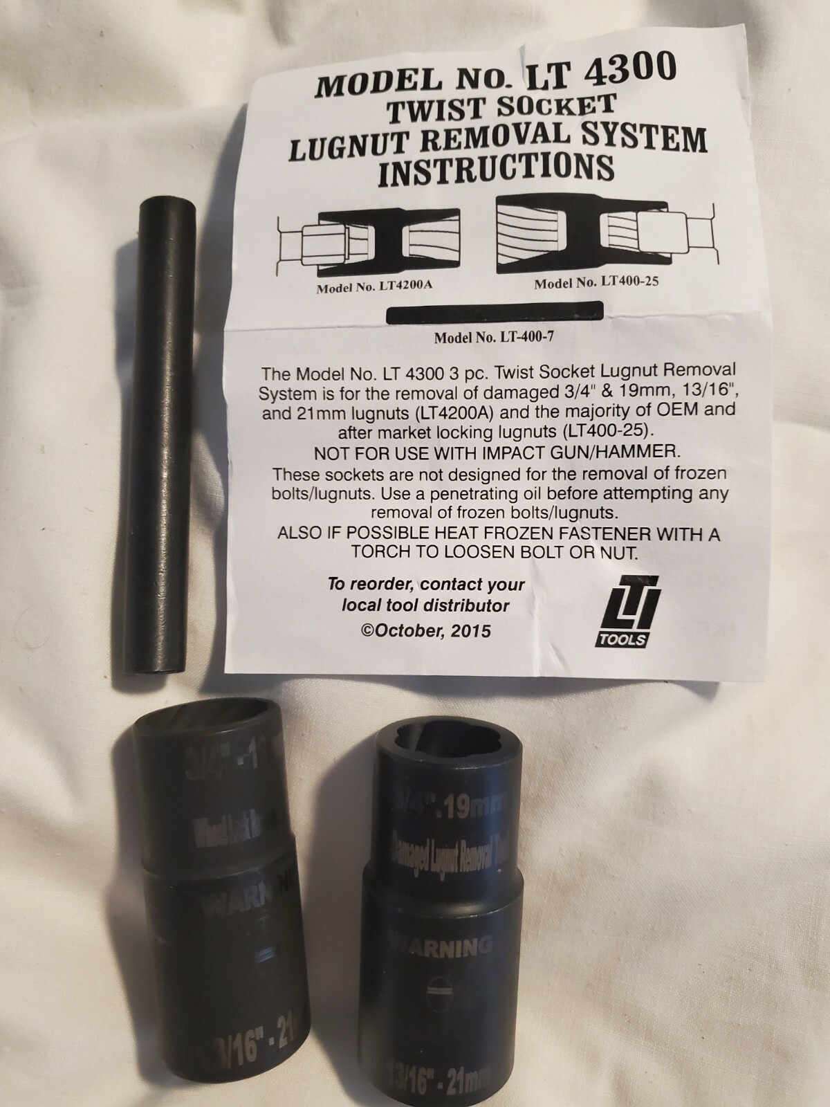 LTI LT-4300, 3 Pc. Twist Socket Lug Nut Removal 1/2″ Dr. 3/4″-19mm, 13/16″ -21mm