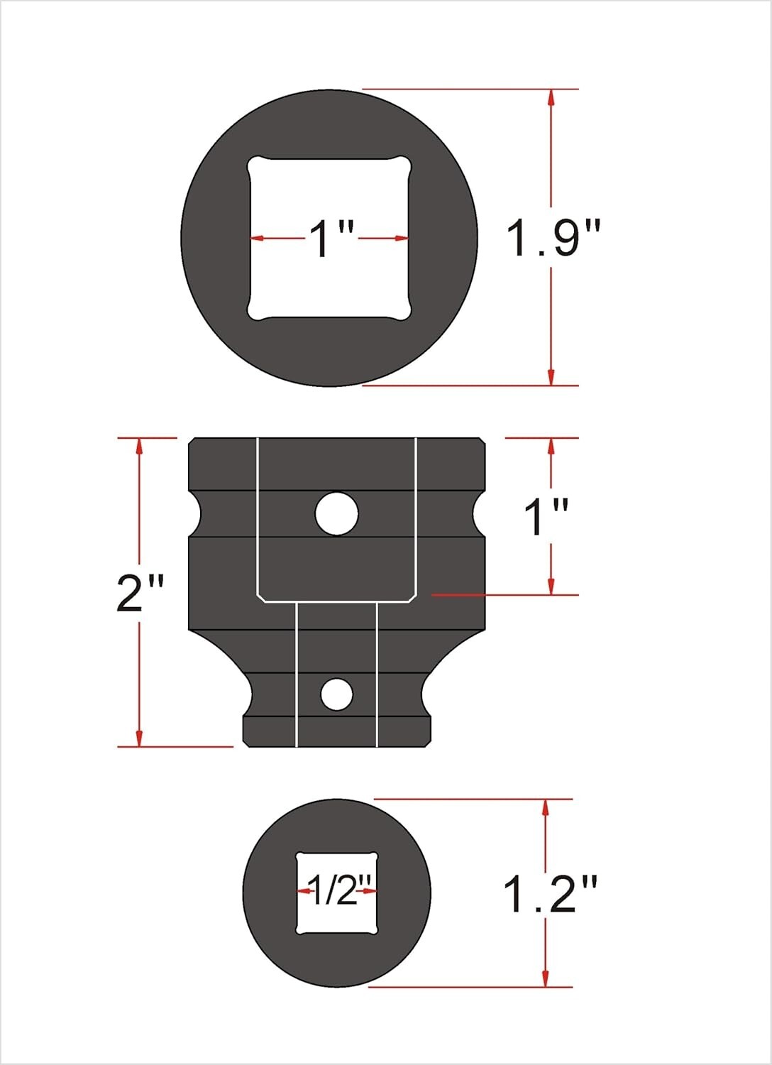1/2 Drive 1 4-Point Square Socket Heat Treated Cr-V Alloy Steel