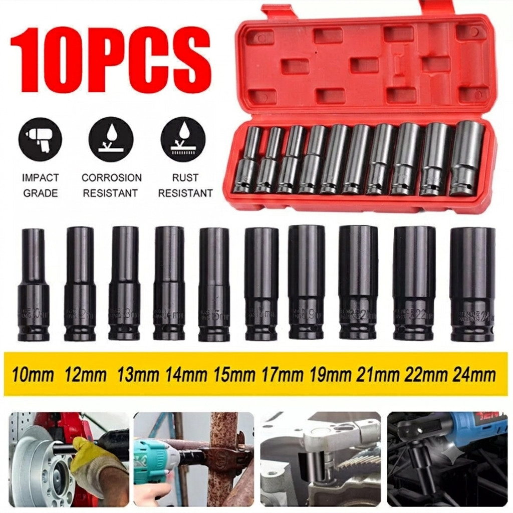 10PCS 1/2″ Deep Impact Socket Set Drive 6 Point Metric Garage Tool 10 – 24mm USA