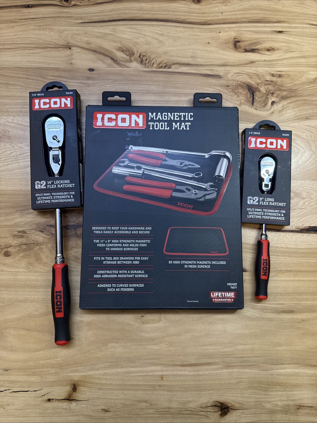 Icon G2 Ratchets 3/8 14” R2LKG Flex Head ,1/4Drive R1LFG 9” Long Flex Head & Mat
