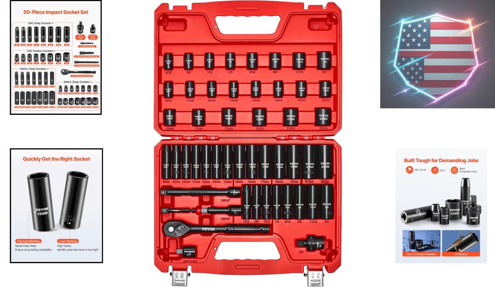 3/8″ Drive Impact Socket Set, 50-Piece Standard SAE 5/16 to 3/4 inch & Metric…