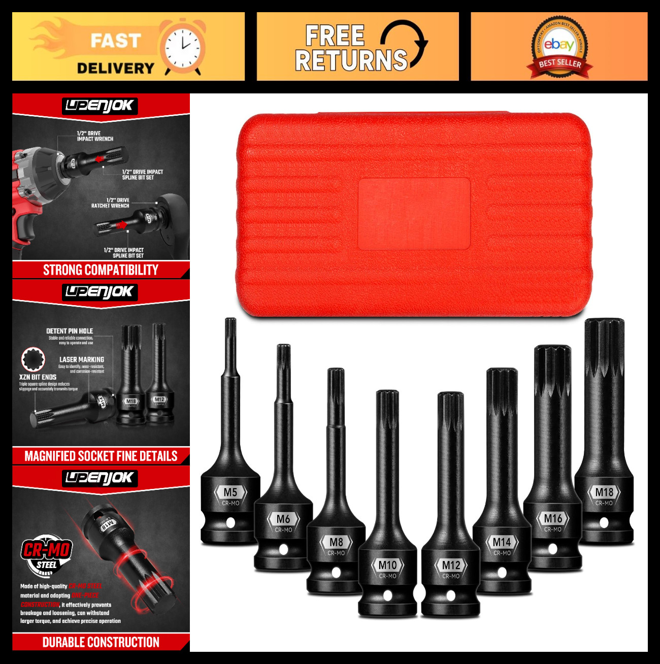 8-Piece 1/2″ Drive Triple Square Bit Socket Set, M5-M18, Impact Spline with Case