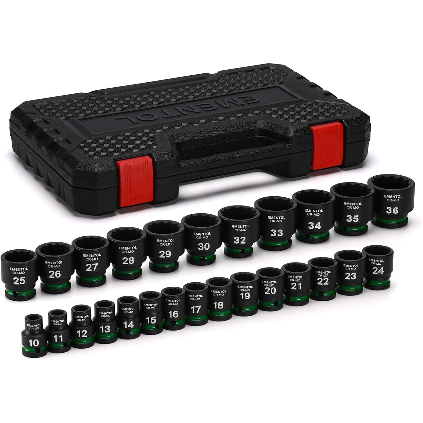 26 PCS 1/2″ Drive Standard Impact Socket Set 12 Point Metric 10mm-36mm CR-MO
