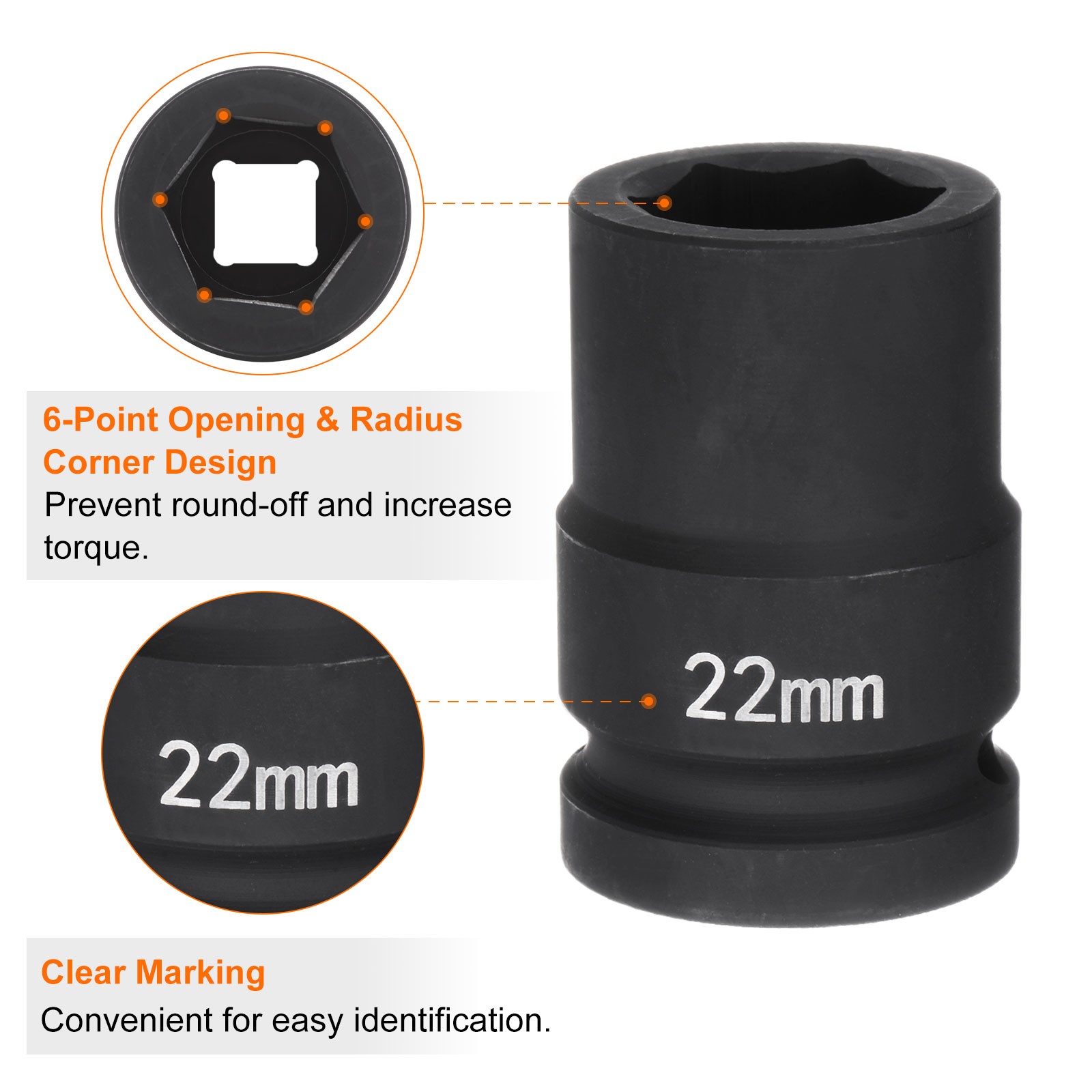 6-Point Impact Socket 3/4 Inch Drive 22mm Metric 40Cr Impact Socket