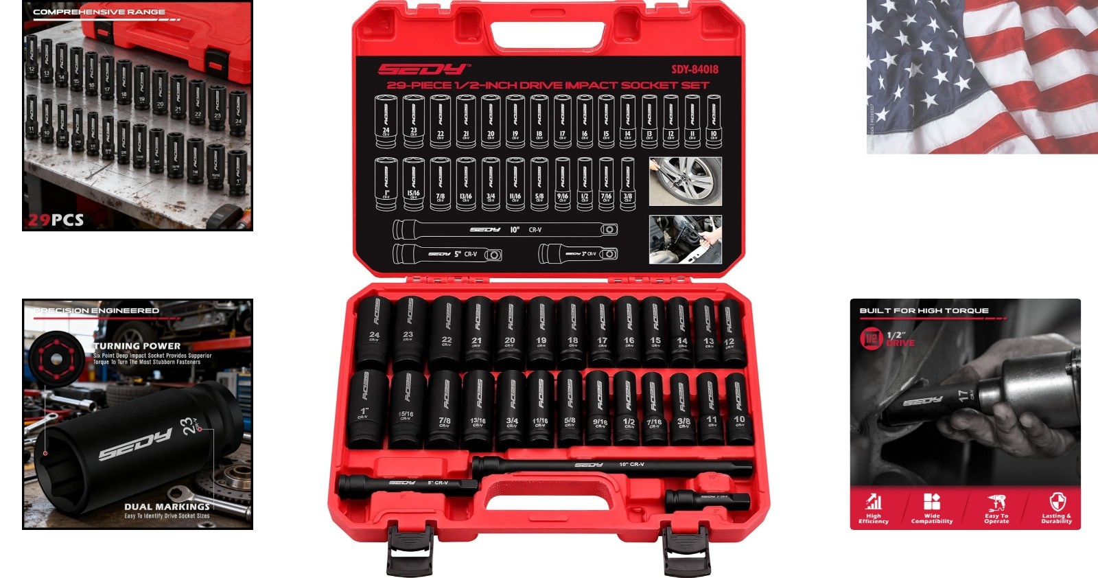 29-Piece 1/2″ Drive Impact Socket Set, SAE 3/8 to 1 inch and Metric 10-24mm S…