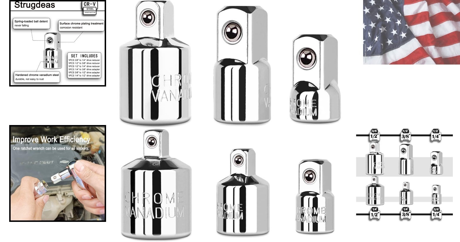 6 Piece Socket Adapter and Reducer Set, 1/4″, 3/8″, 1/2″ Chrome Vanadium Stee…