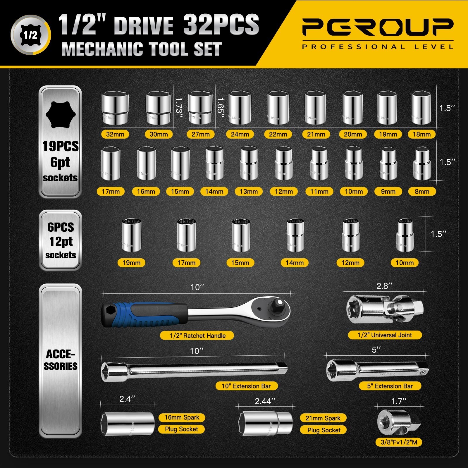 pgroup 32Pcs 1/2 inch Drive 8mm-32mm Metric socket set, with Ratchet Wrench