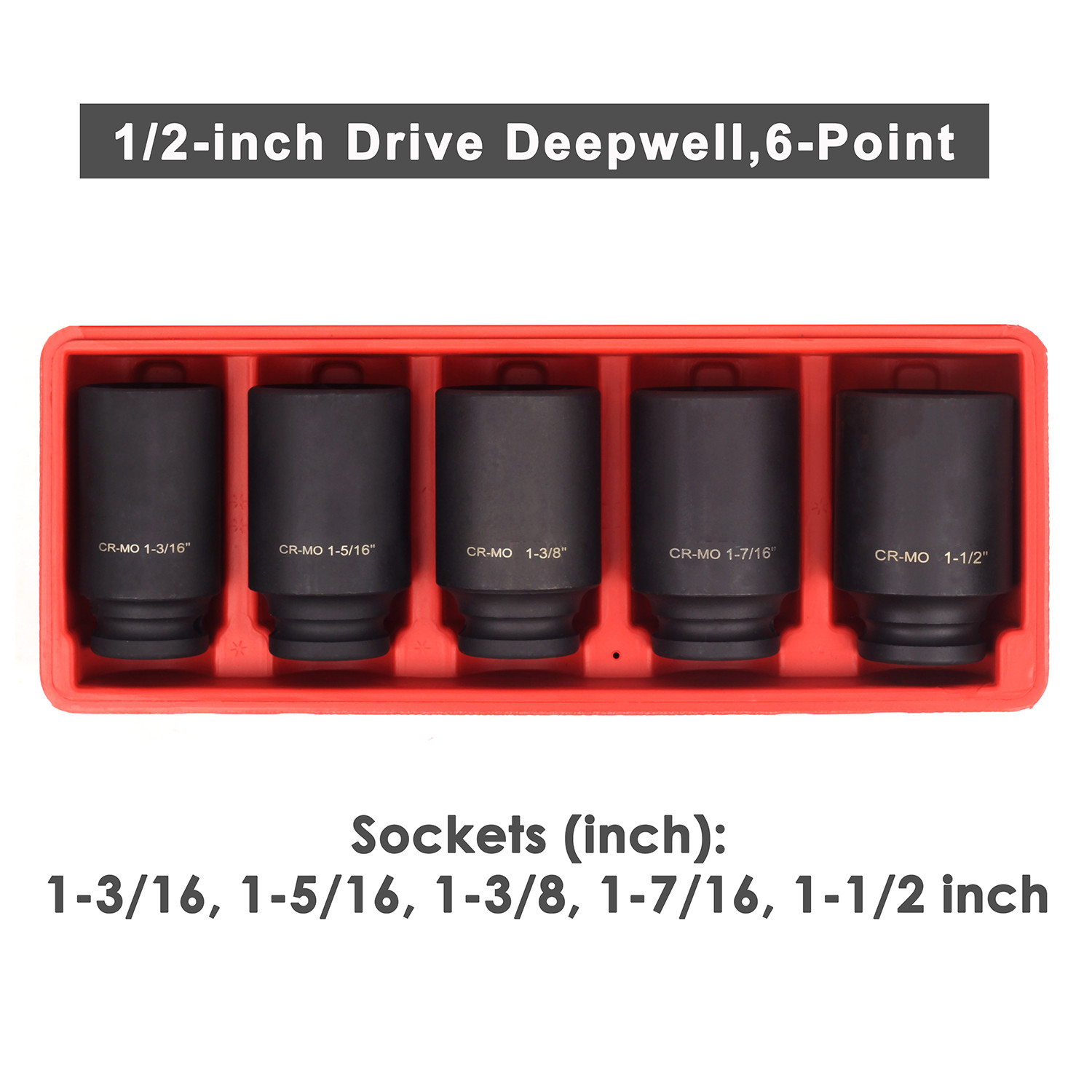 1/2-Inch Drive Deep Spindle Axle Nut Impact Socket Set Cr-Mo 6-Point 1/2″