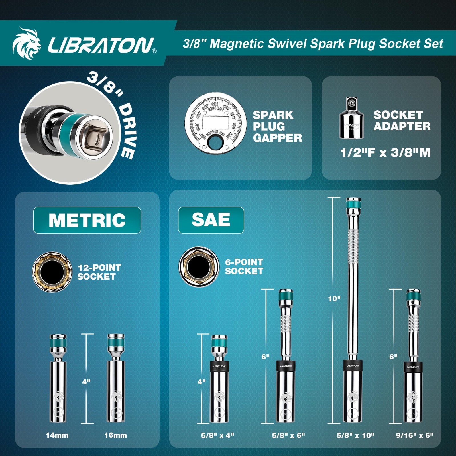 8PCS Magnetic Spark Plug Socket Set 3/8″ Drive, Gapper & Extension Bar, Swivel H