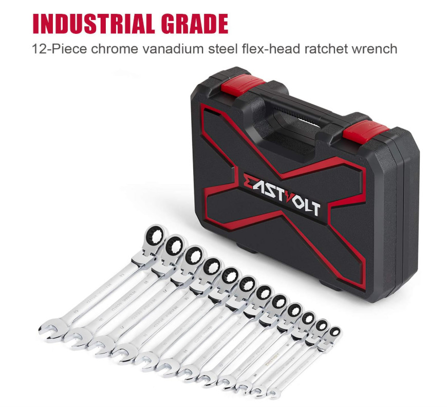 Metric Ratchet Wrench Set, 12PCS, 8-19mm, Combination Ended Spanner with Toolbox