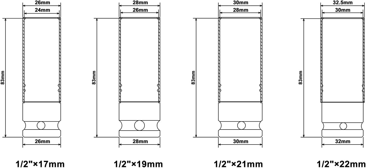 1/2″ Drive Wheel Protector Impact Socket Set – Four Durable Thin Wall Pieces