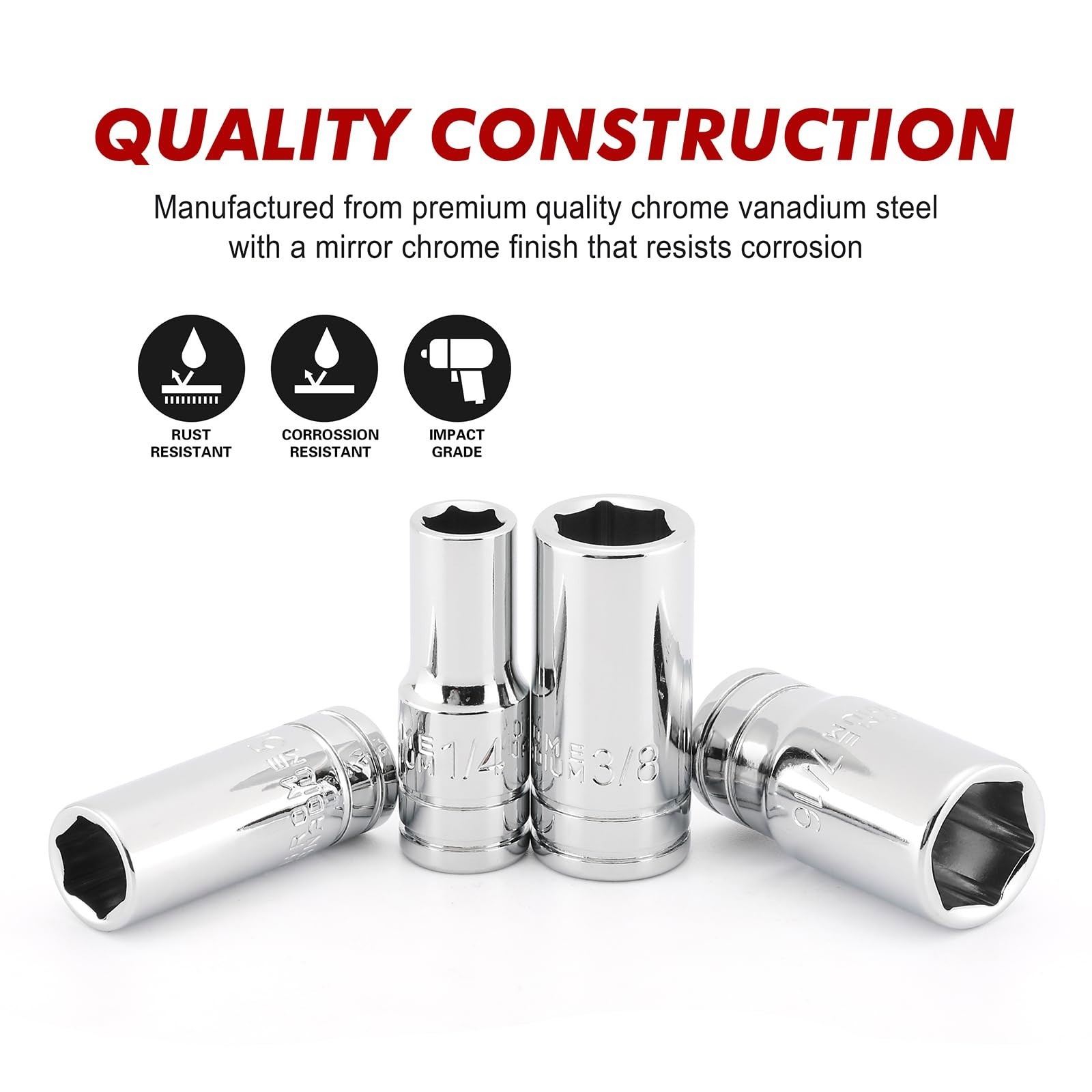 10PCS 1/4″ Drive Mid-Length Socket Set, SAE 3/16″ to 9/16″, Chrome Finish