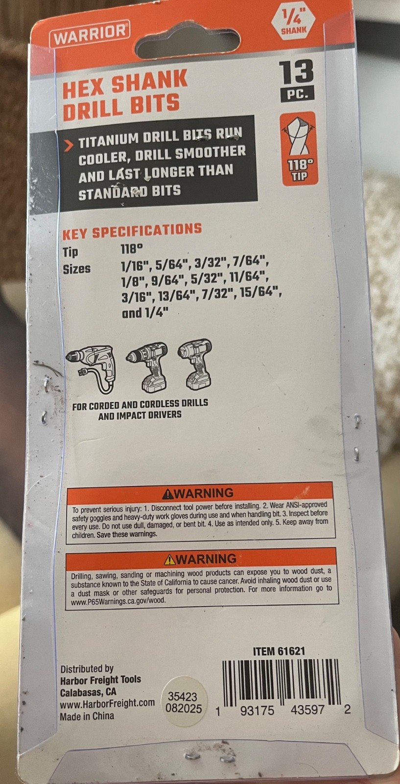 WARRIOR Titanium Hex Shank Drill Bit Set 13-Piece 1/4″ Shank #61621