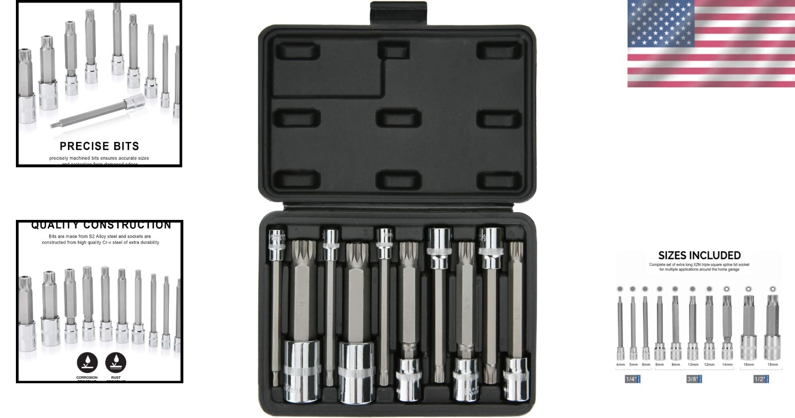 10-Piece XZN Triple Square Bit Socket Set | 1/4″, 3/8″, 1/2″ Drive – Extra Long