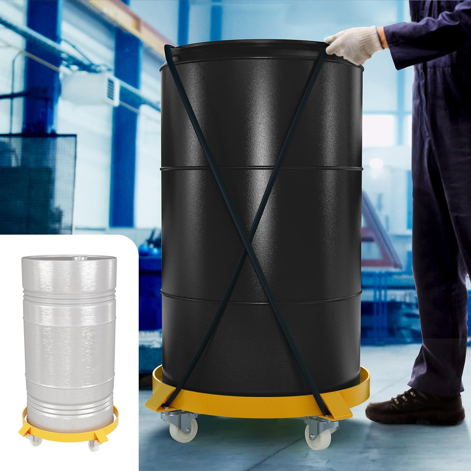 2PCS 55 Gallon Drum Dolly Heavy Duty Barrel Cart 1000lbs w/ Casters Yellow