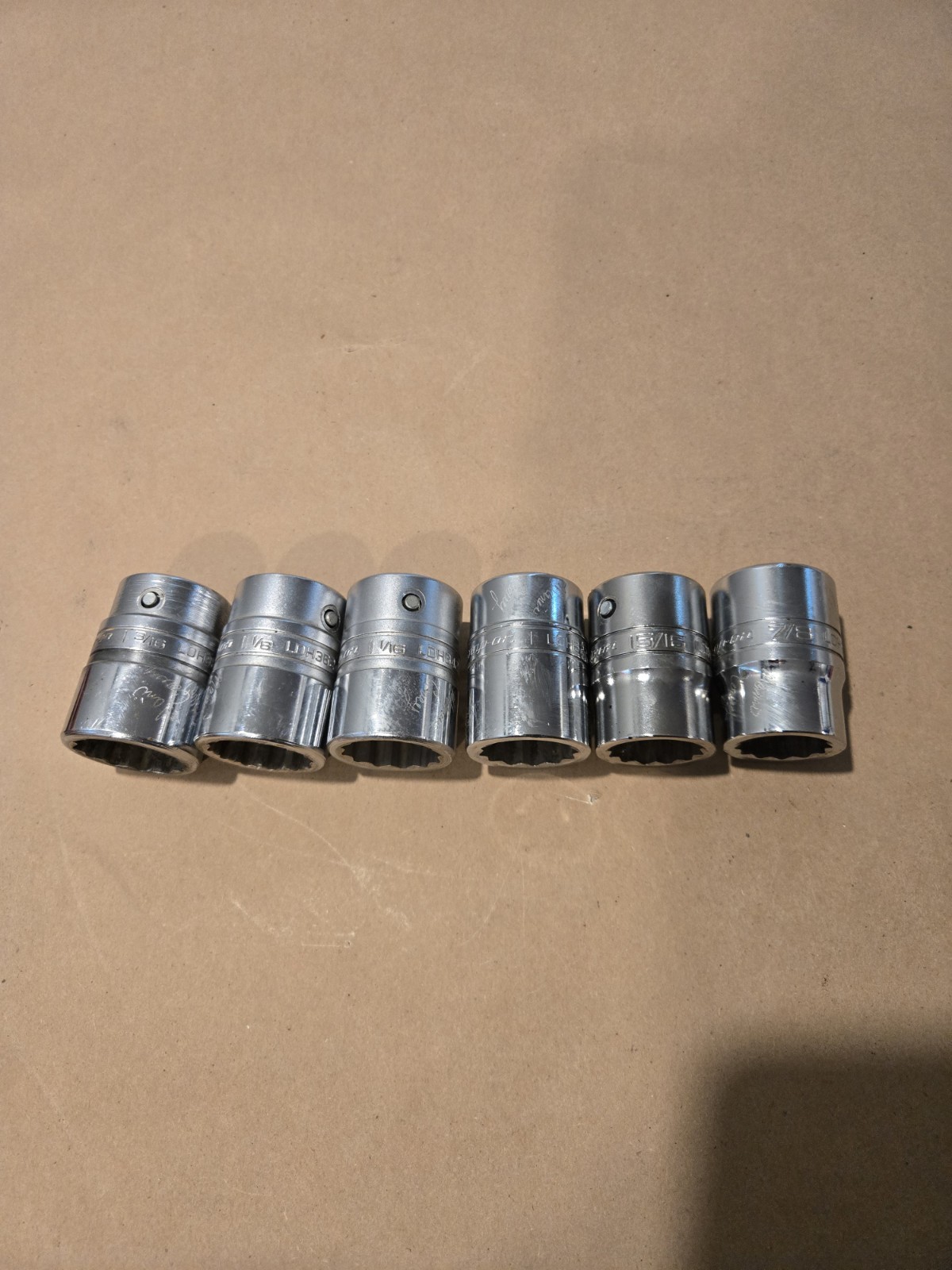 Snap On 3/4″ Drive 7/8″-1-3/16″ 12PT SAE Shallow Chrome Sockets USA Lot Of 6