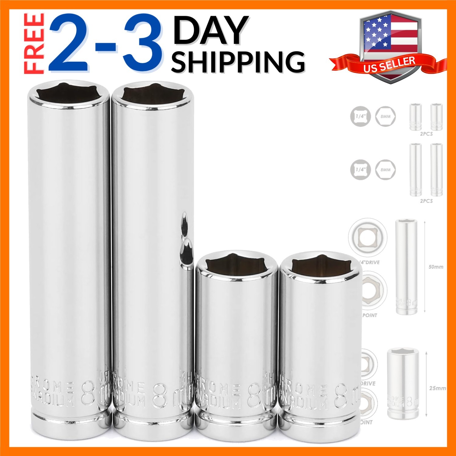 4PCS 1/4″Drive 8mm Deep&Shallow Socket, 6 Point, Cr-V Steel, 8mm