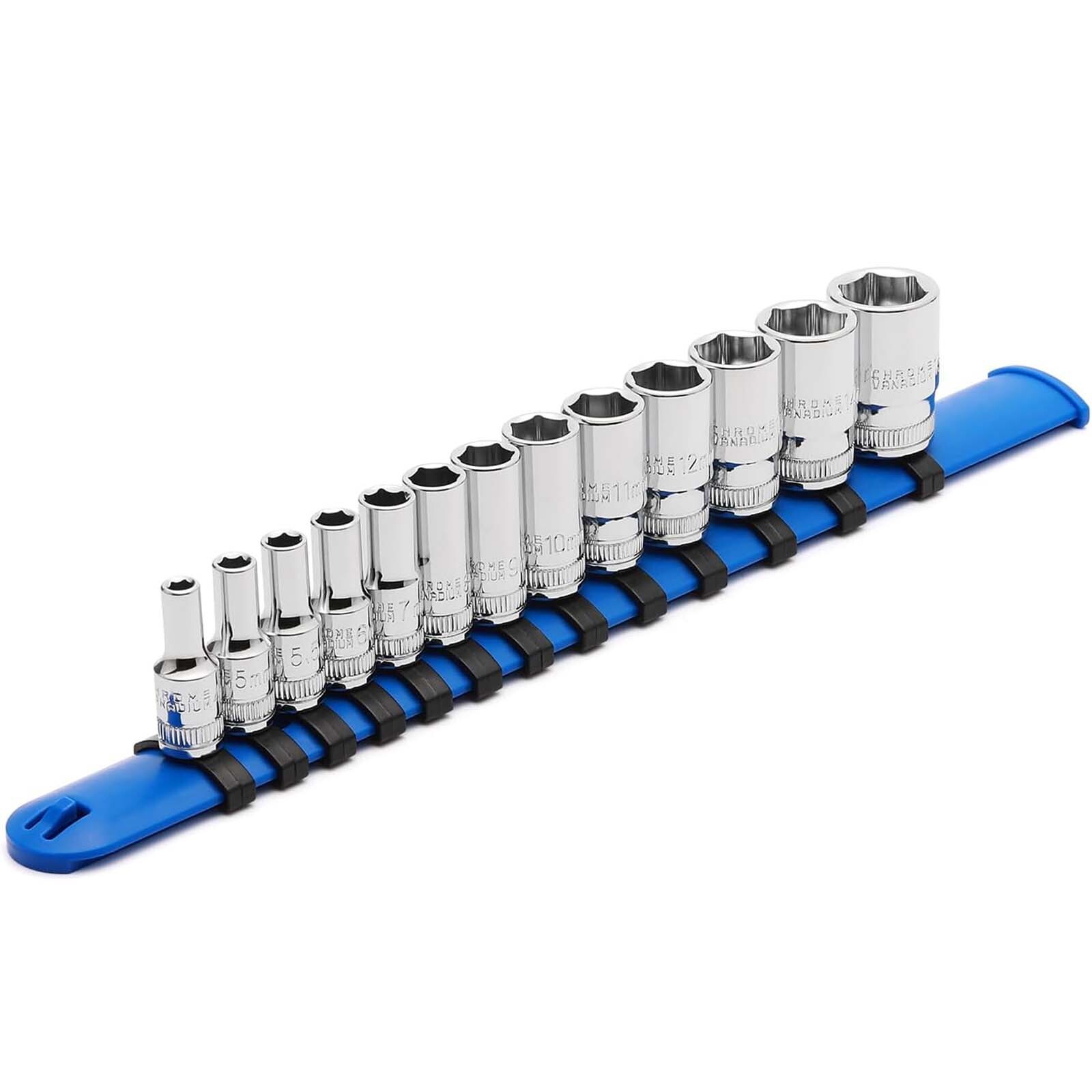 13PCS 1/4″Drive Mid-Length Socket Set, 6-Point Mirror Chrome Metric 4mm to 15mm