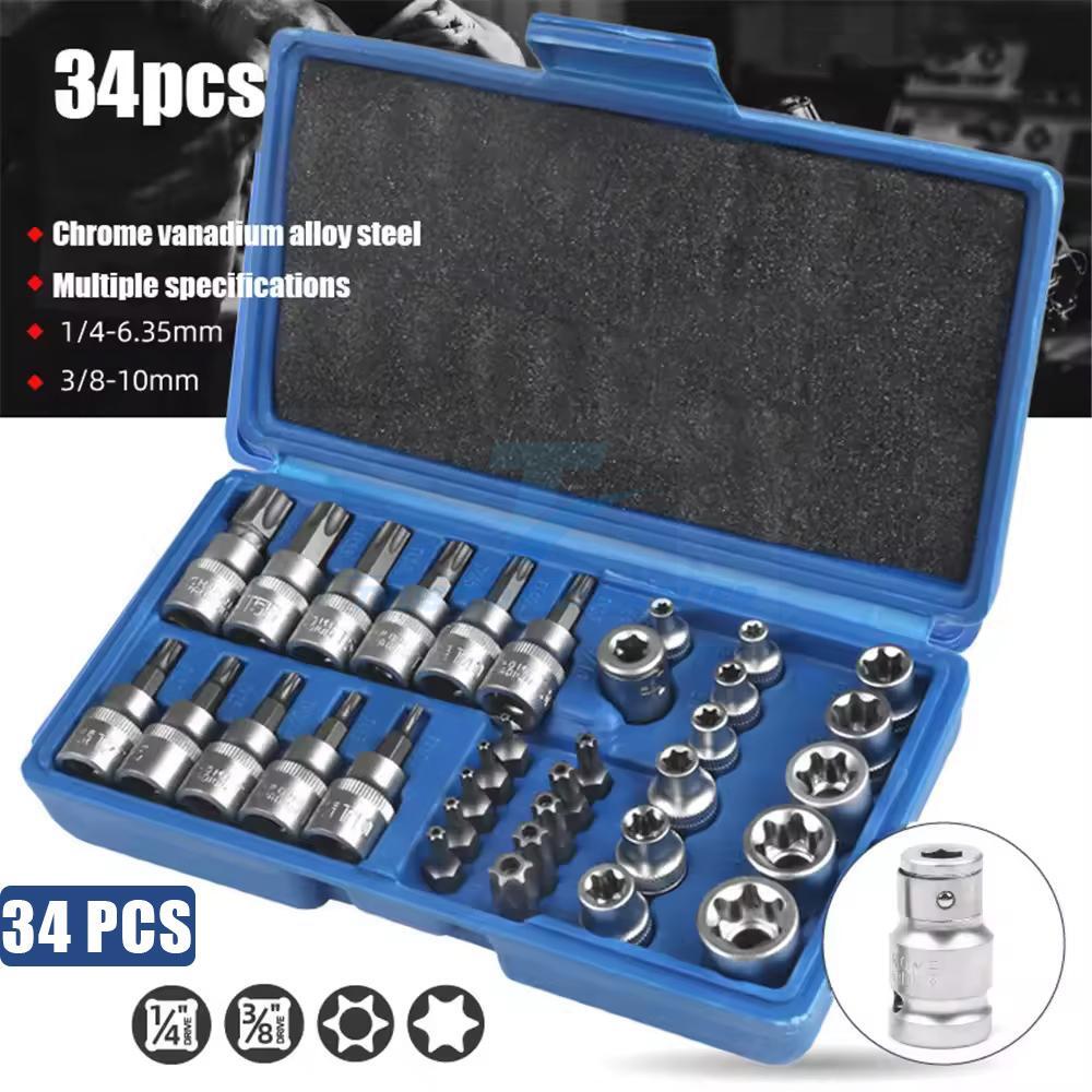 NEW 34pcs Torx Star Sockets & Bit Set Male Female E-torx Security Bits 3/8 Drive