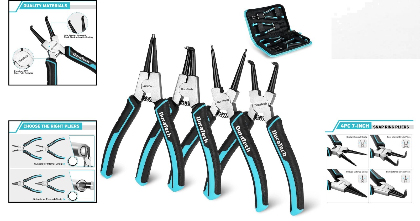7-Inch Snap Ring Plier Set – Ergonomic, Spring-Loaded, Durable Storage Pouch