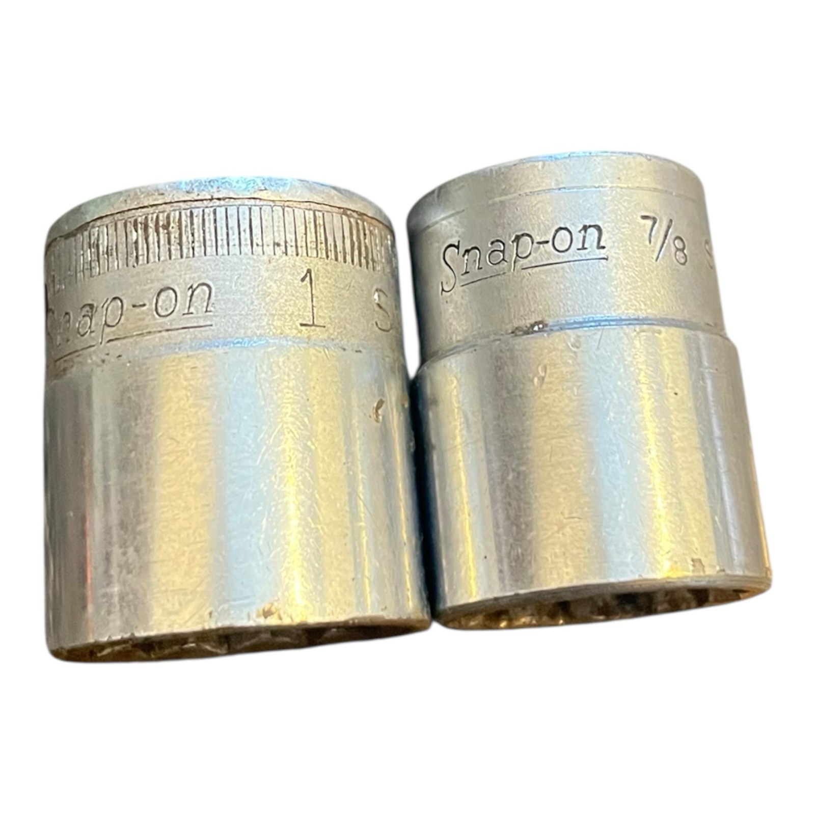 Vtg Set Snap-on Tools SV281 7/8” & SW-320 1″ Shallow Socket 1/2” Drive 12 Point