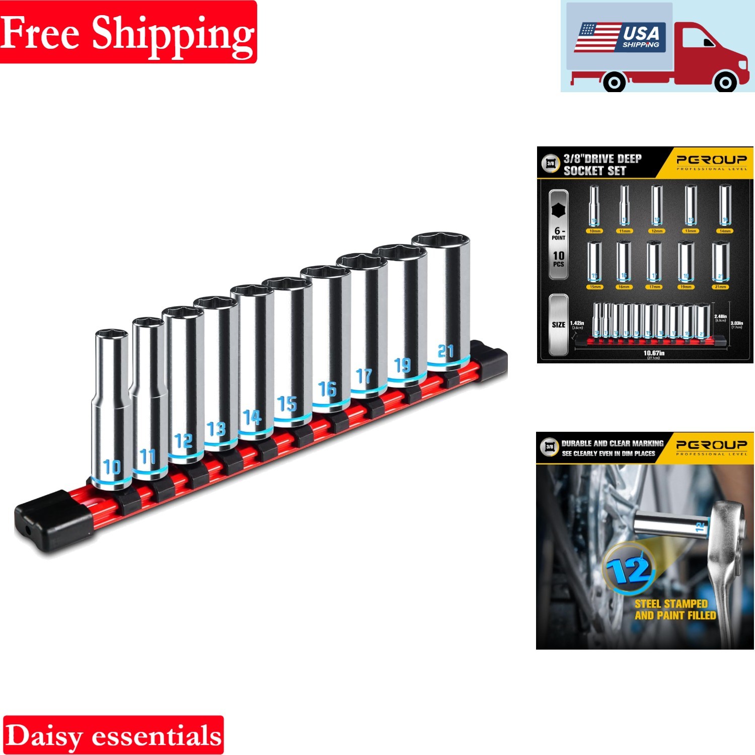 3/8 Inch Drive Deep Socket Set 10-Piece Metric 10-21mm Chrome Vanadium