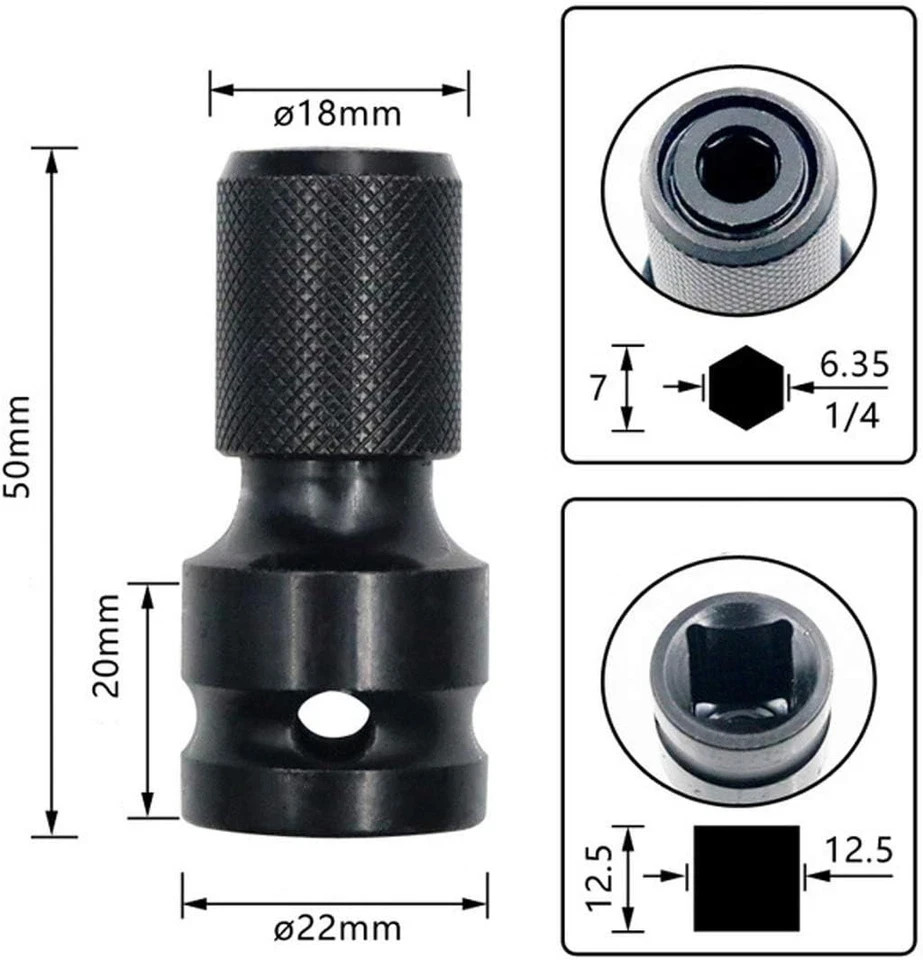 2PCS 1/2 inch Square Drive to 1/4 inch Hex Female Socket Adapter Converter Chuck