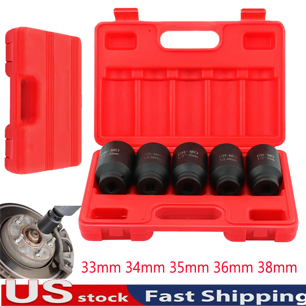 5Pcs 1/2″ Drive Deep Impact Axle Hub Socket Set 6 Point 33mm 34mm 35mm 36mm 38mm