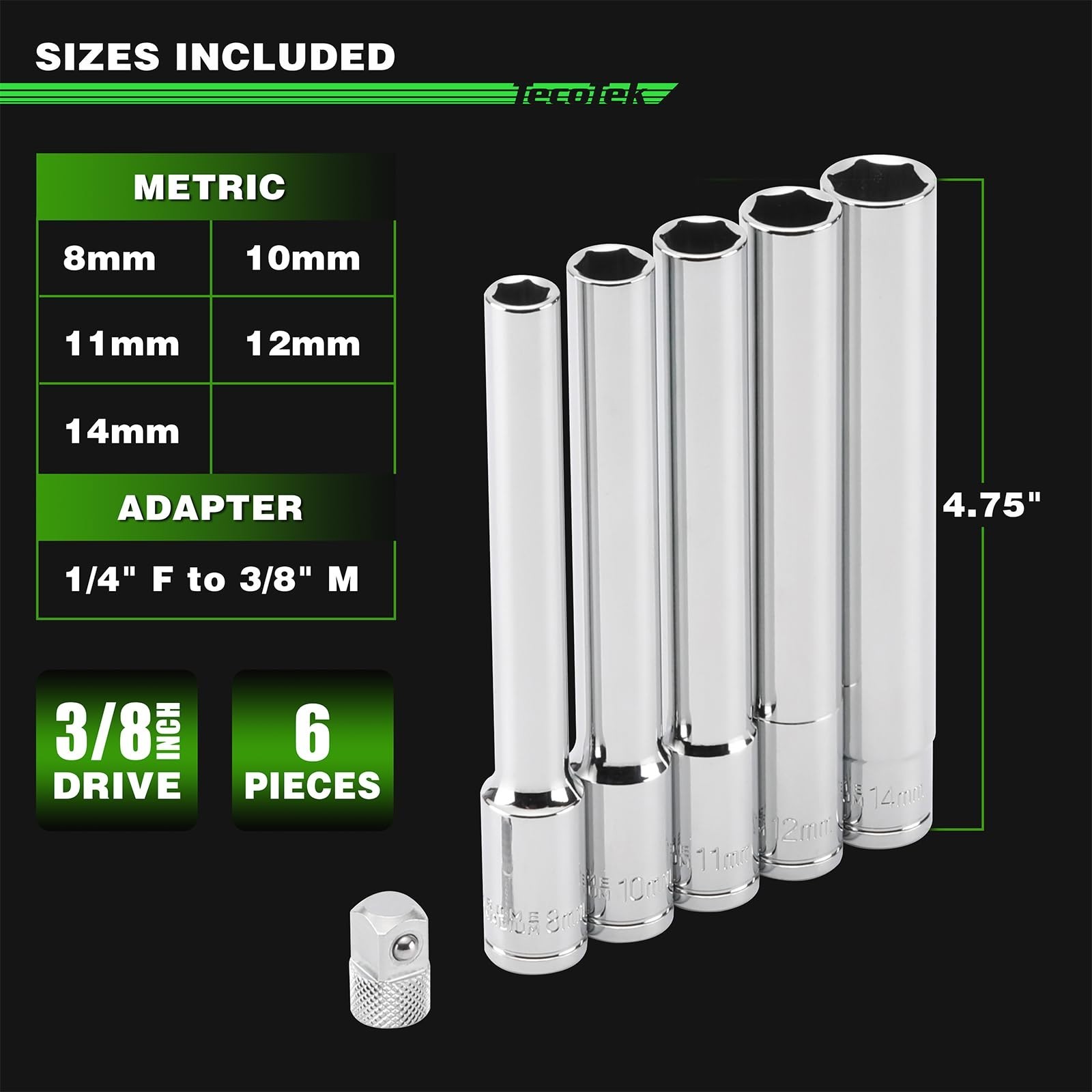 6PCS Extra Deep Metric Socket Set 3/8″ Drive, 8-14mm, 6 Point + Adapter, CR-V