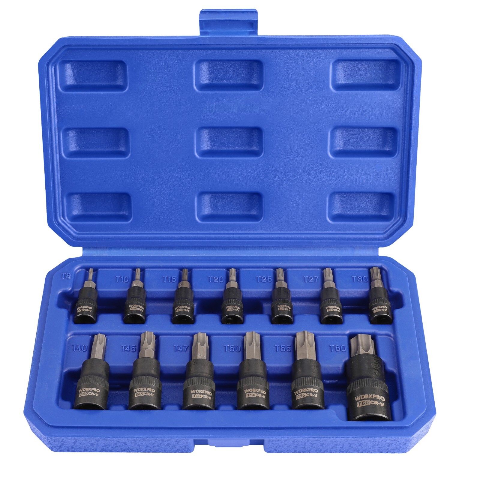 WORKPRO 13PC Torx Bit Socket Set 1/4″ 3/8″ 1/2″ Drive T8-T60 Torx Bit Socket Set