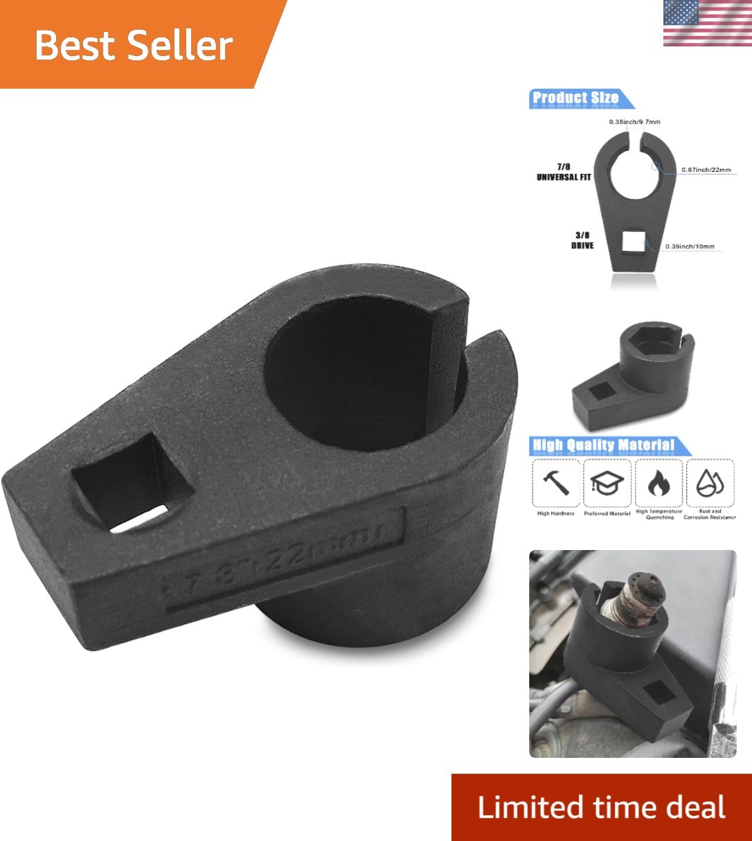 Offset Oxygen Sensor Socket – 3/8 Inch Drive, 7/8 Inch for Most Cars
