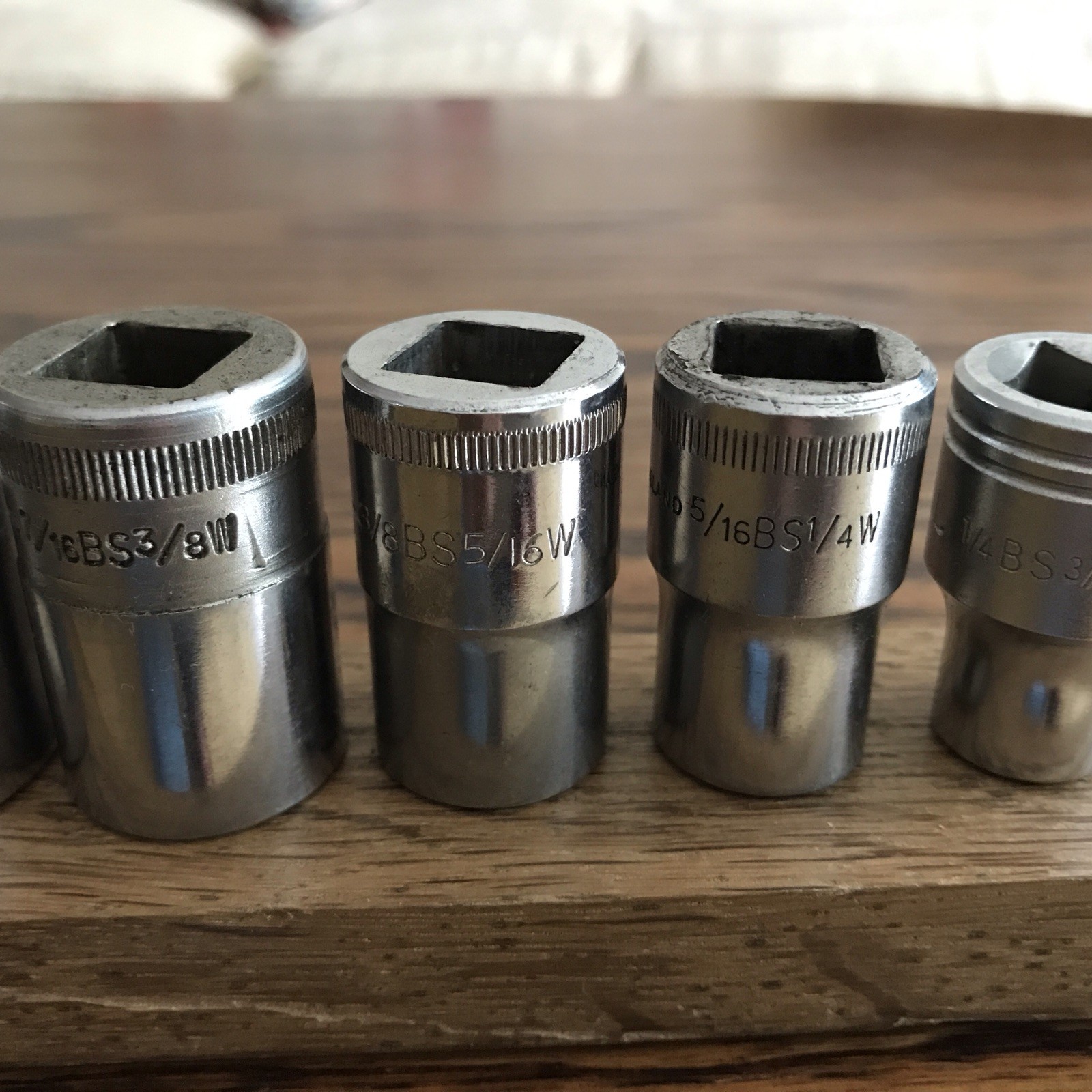 7 Vintage Britool Sockets 9/16”To 3/16”Whitworth With 1/2” Drive . C