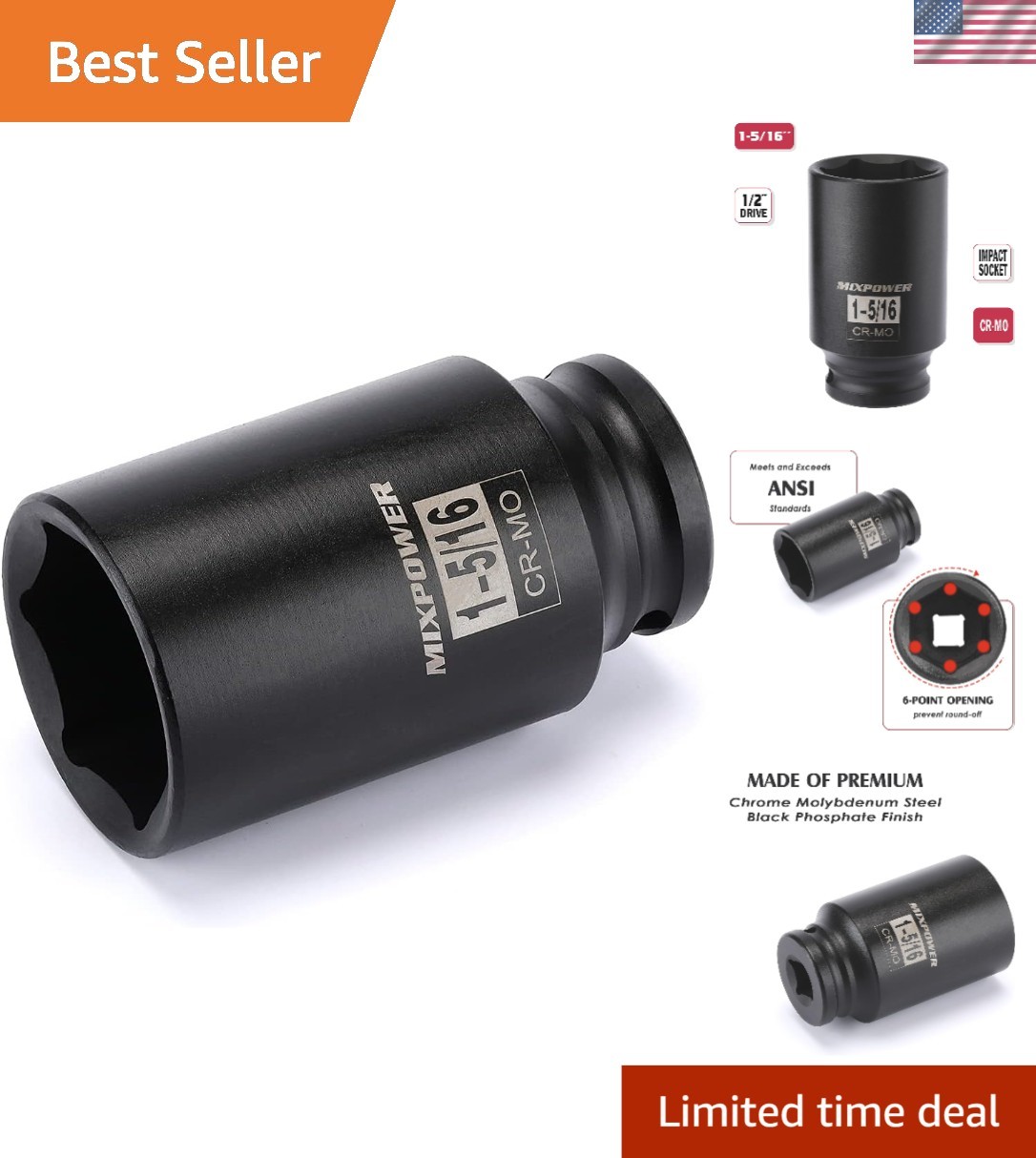 High-Torque 1/2″ Drive 6-Point Impact Socket – 1-5/16″ Chrome Molybdenum Steel