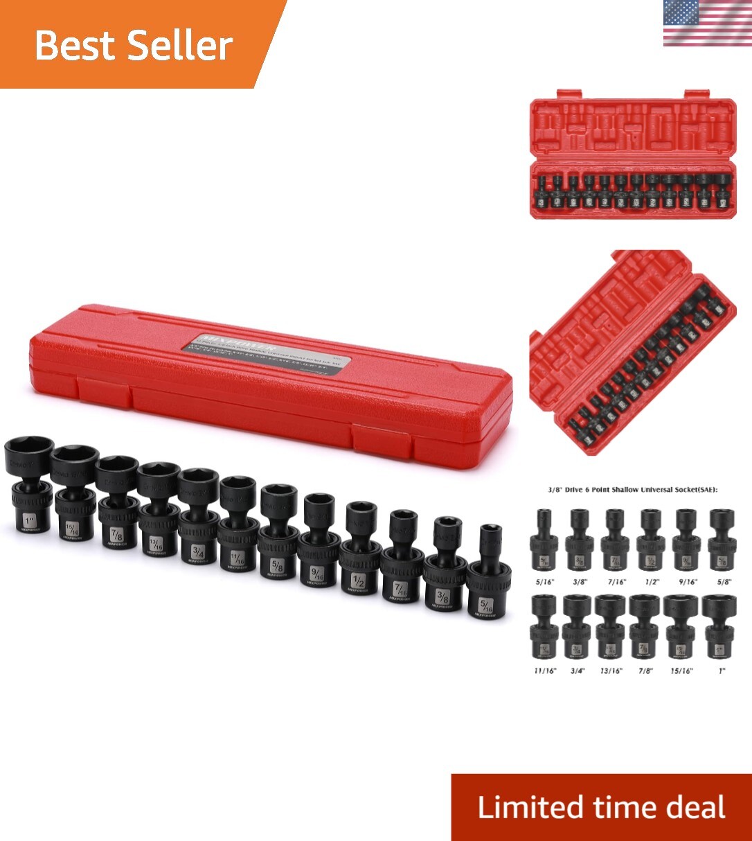 Versatile Shallow Impact Socket Set – 3/8″ Drive, 12 Pieces with Laser Markings