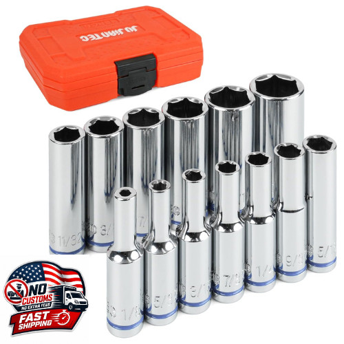1/4″ Drive SAE Deep Socket Set 13PC 1/8-5/8″ 6 Point CR-V Hex Sockets Case USA