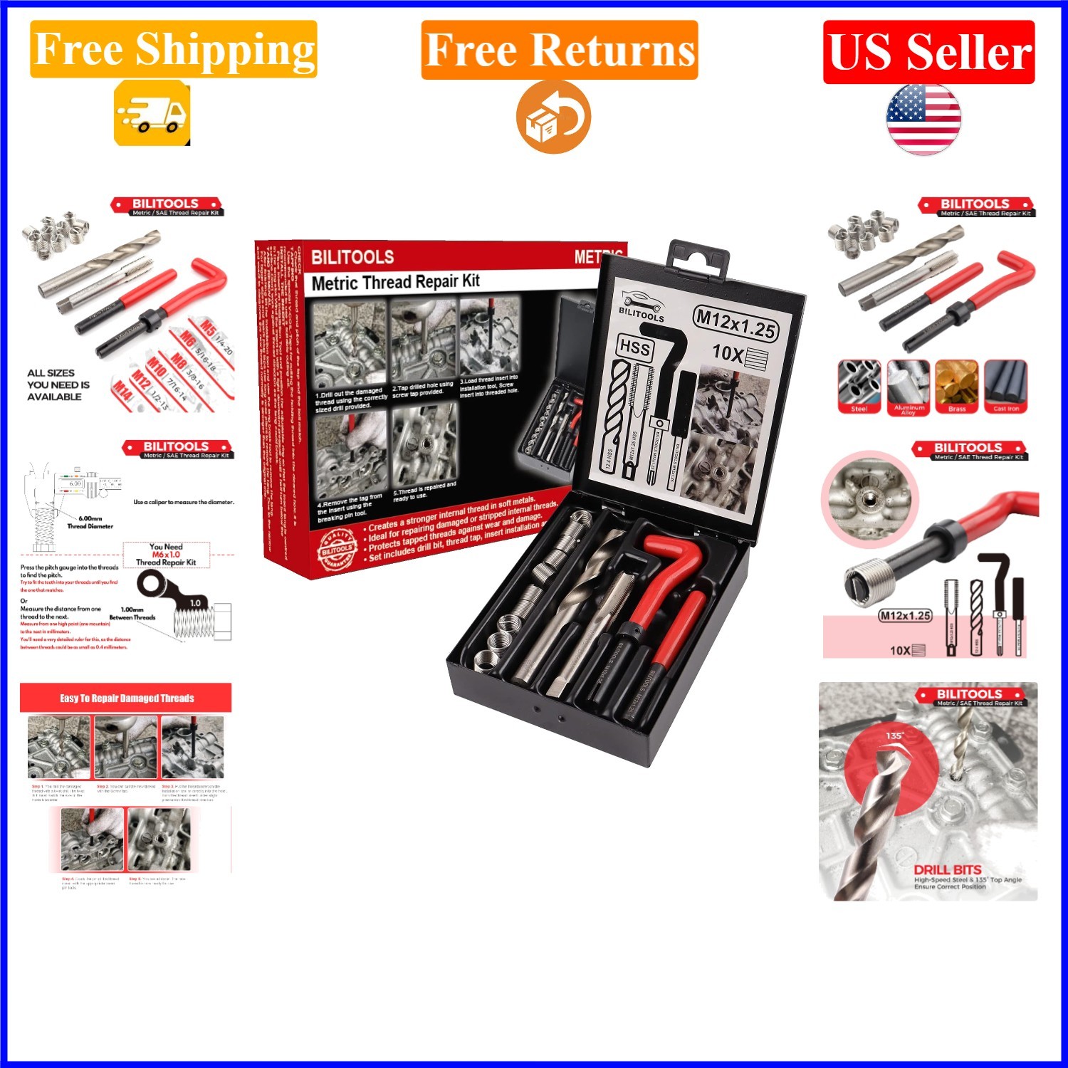 M12x1.25 Thread Repair Kit with HSS Drill, Stainless Steel Inserts