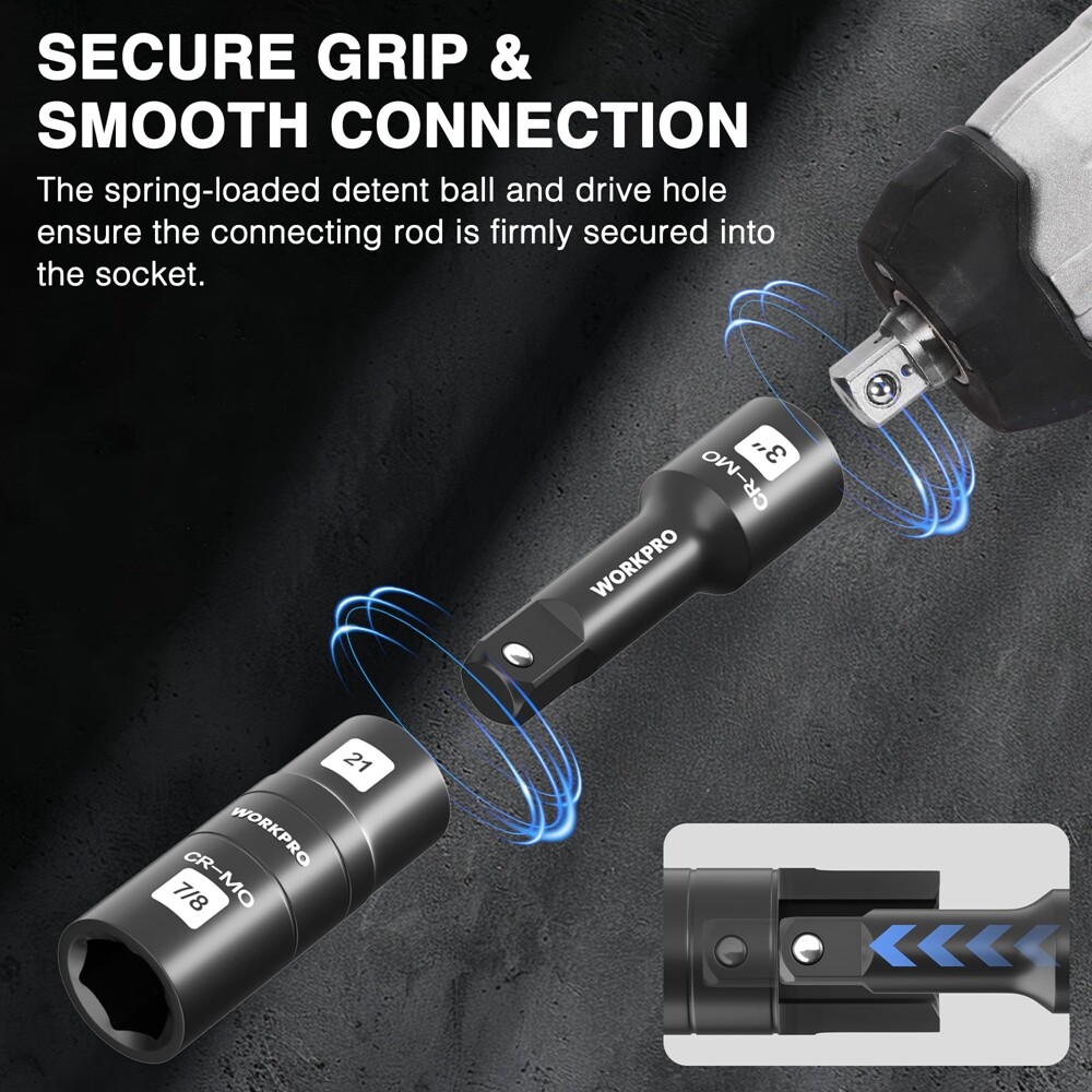 WORKPRO 4PC 1/2″ Dr Impact Socket Set Lug Nut Wheel 3″ Extension Bar Flip Socket