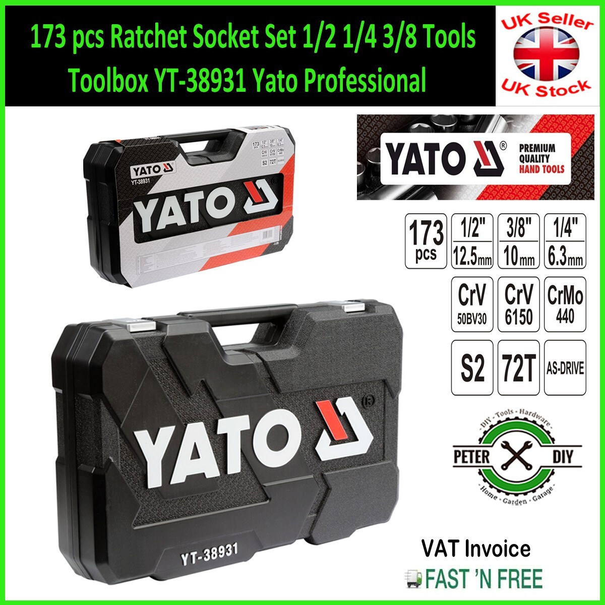 173 pcs Ratchet Socket Set 1/2 1/4 3/8 Tools Toolbox YT-38931 Yato Professional