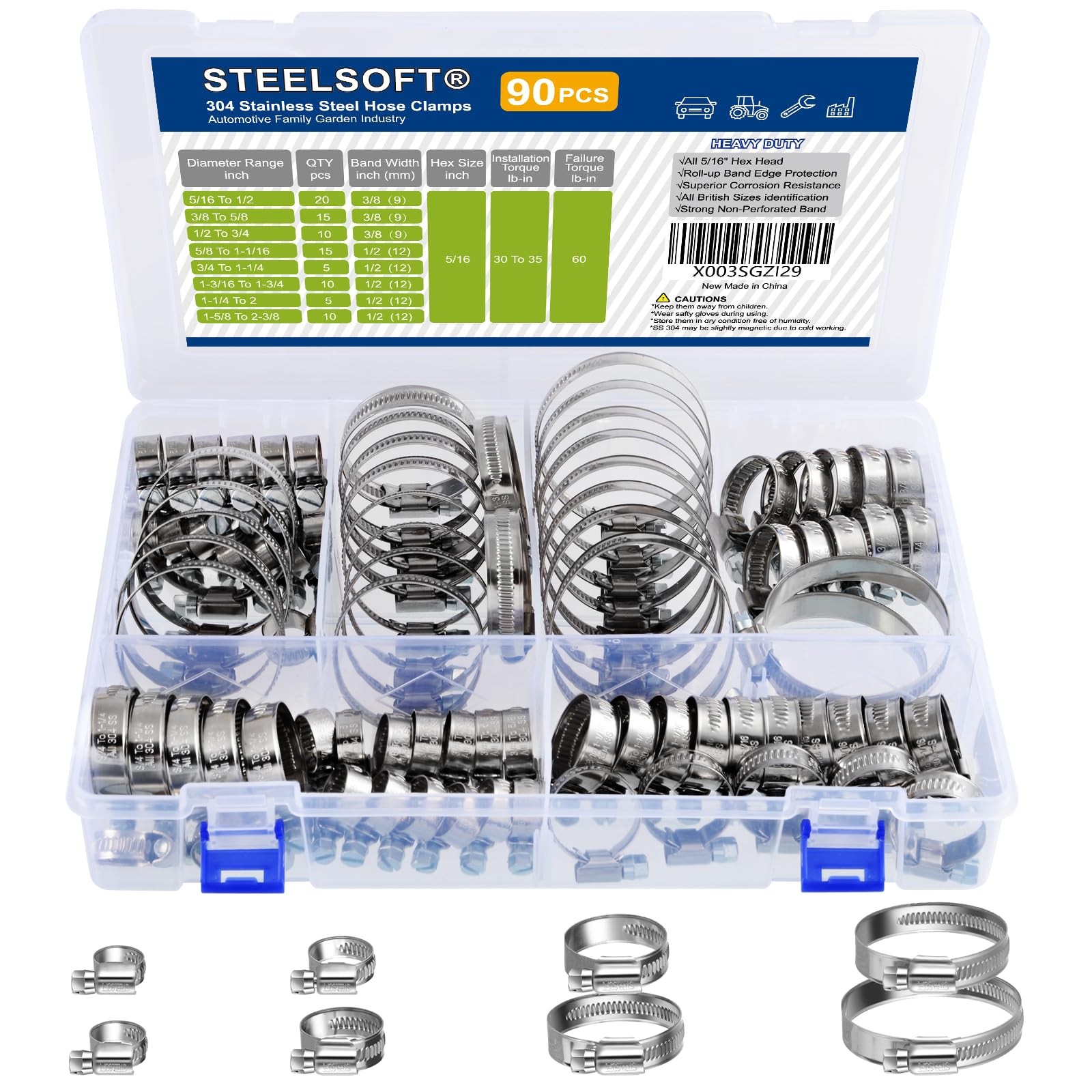 Steelsoft Non-Slip Hose Clamp Assortment Kit 5/16 to 2-3/8 inch, Silver