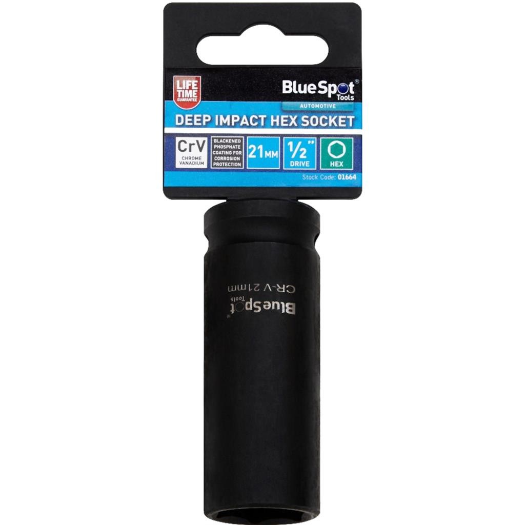 BlueSpot 21mm Deep Socket Impact Hex 6 Point Single CRV Steel 1/2″ Drive