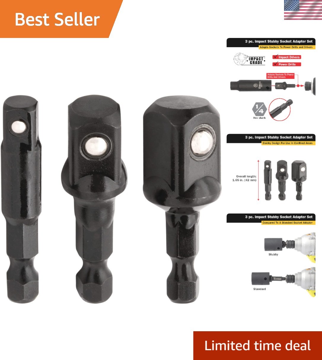 Durable 3-Piece Stubby Impact Socket Adapter Set with Corrosion Resistance