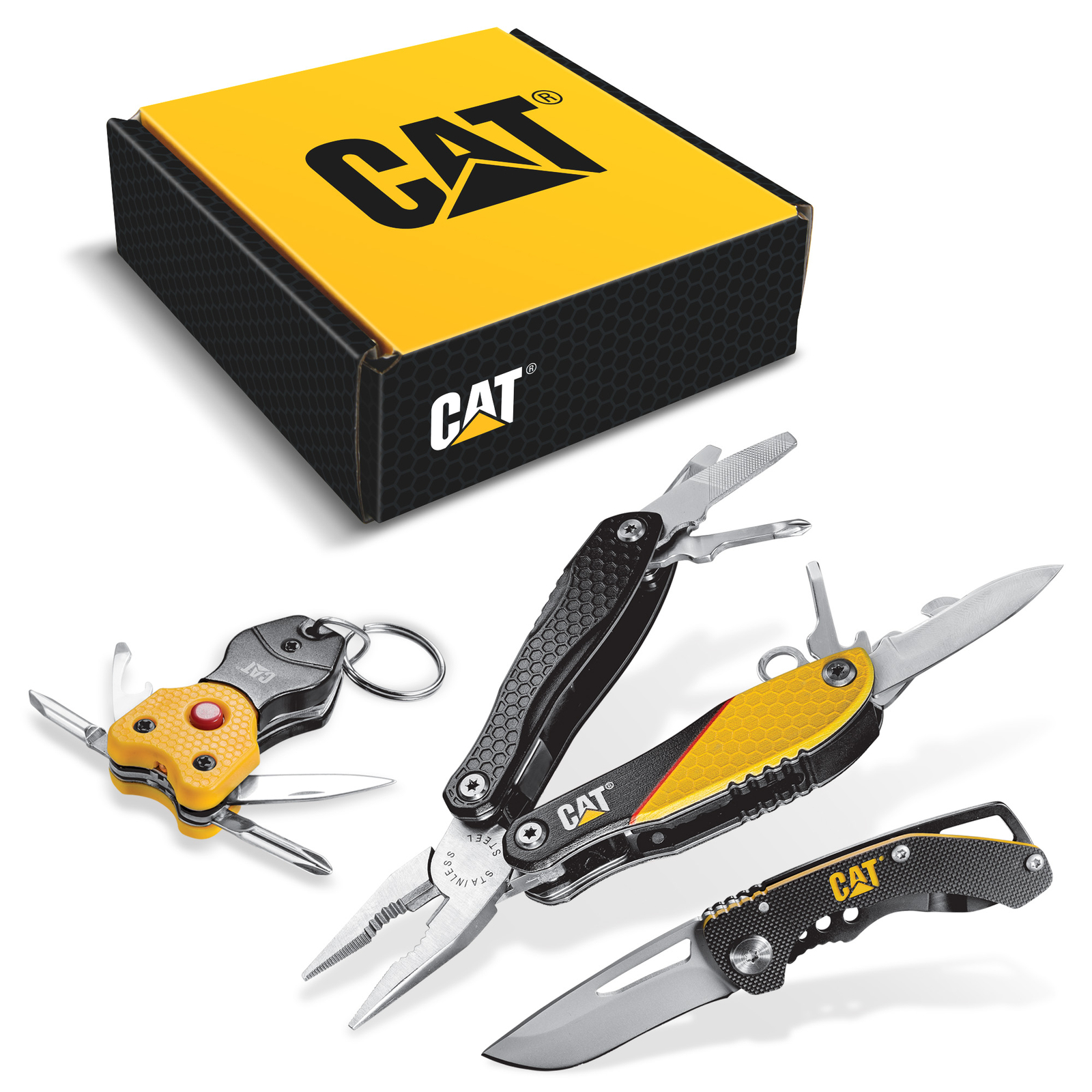 Cat 3 Piece Multi Tool, Folding Knife and Key Chain Tool Gift Box Set – 240192