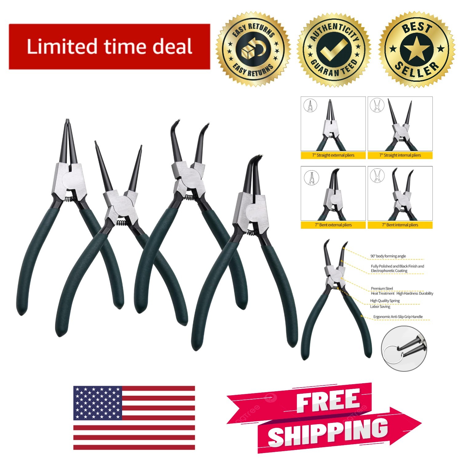 7″ Circlip Pliers Set – Ergonomic Heavy-Duty Snap Ring Pliers for Easy Operation