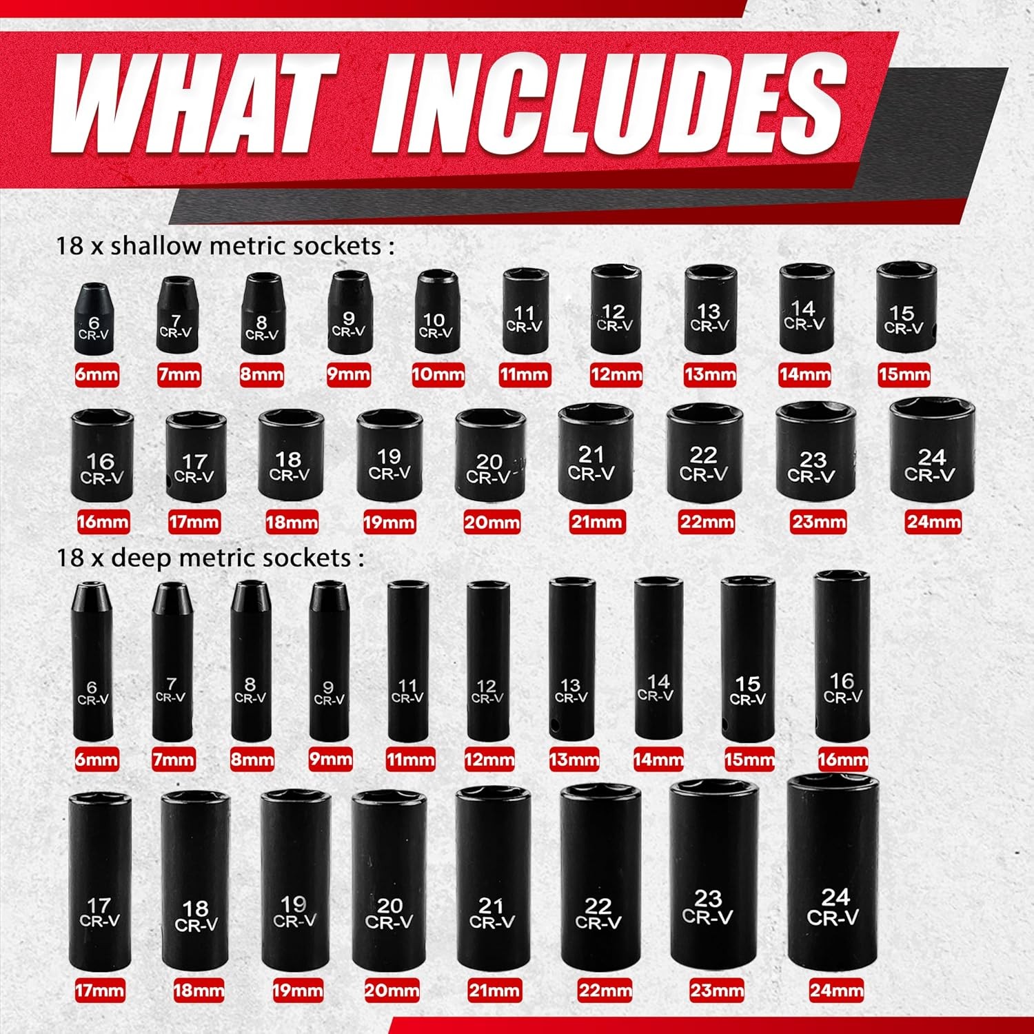 64PCS 3/8″ Drive Impact Socket Set SAE/Metric Deep & Shallow CR-V Steel